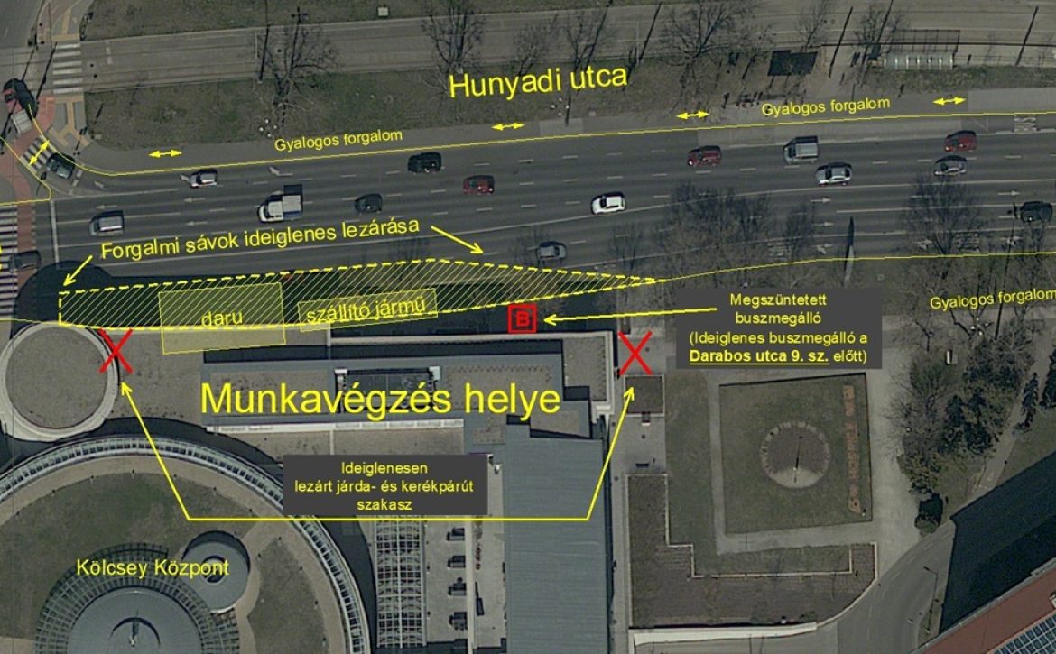 Crane work is being carried out on Hunyadi Street, road closures are expected