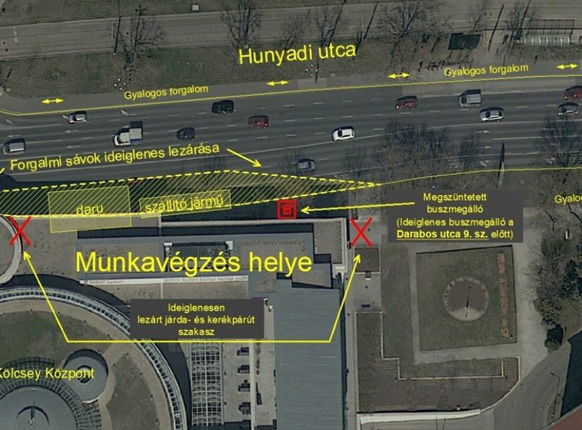 Crane work is being carried out on Hunyadi Street, road closures are expected
